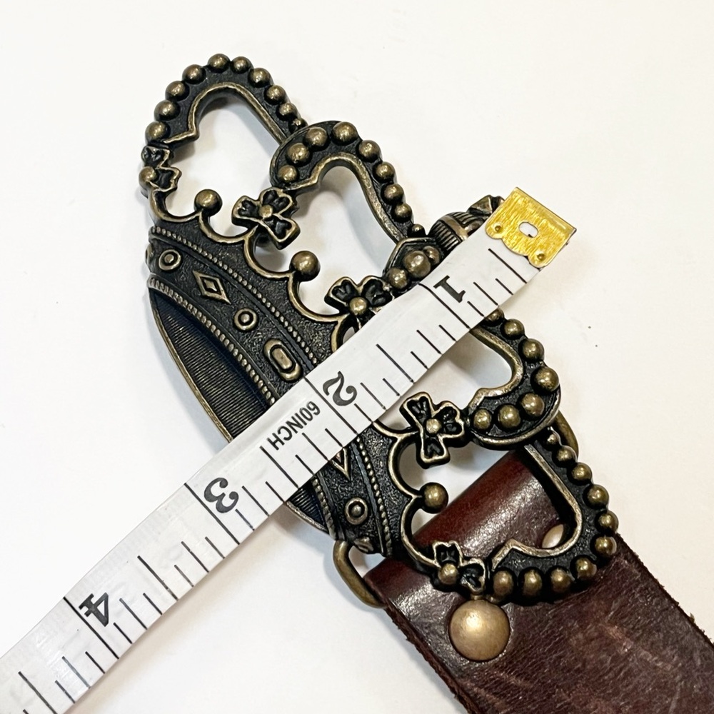Cabi Brown Wide Leather Belt w/ Brass Crown Buckle. Size (30"-34"). - Picture 6 of 11